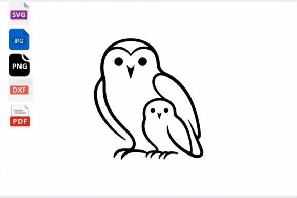 Cute Owl Mom and Baby Outline Clipart