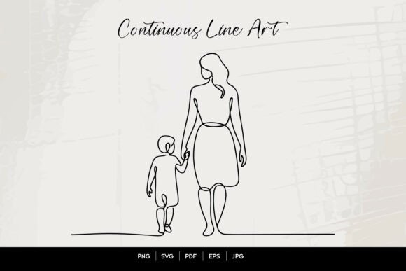 Mother Child Walking Line Art